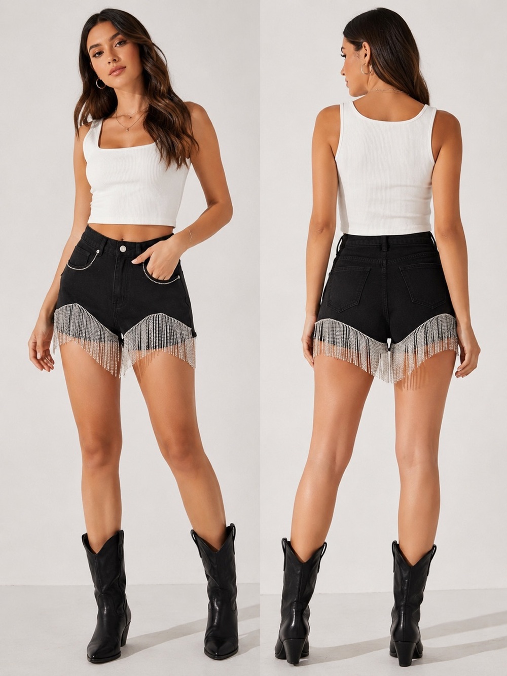 Forever 21 Black Denim Shorts with Silver Rhinestone Fringe size 30